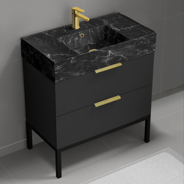 Nameeks DERIN868 Black Bathroom Vanity With Black Marble Design Sink, Modern, Free Standing, 32 Inch